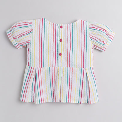 Knitting Doodles Pure Cotton Girls' Rainbow Stripes Coord Set With Pants And Buttons Detailing-  Multi