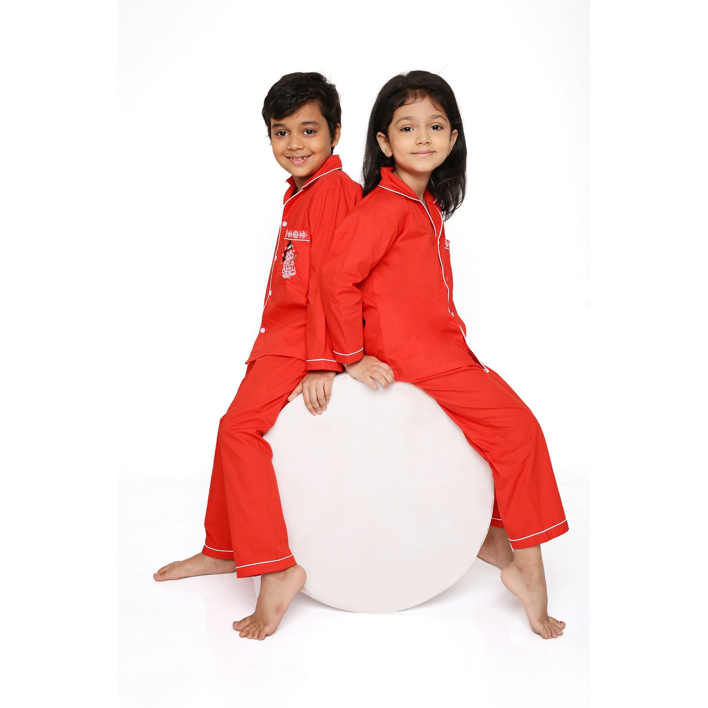 Red Poplin Night Suit With Let It Snow Emboidery On Pocket