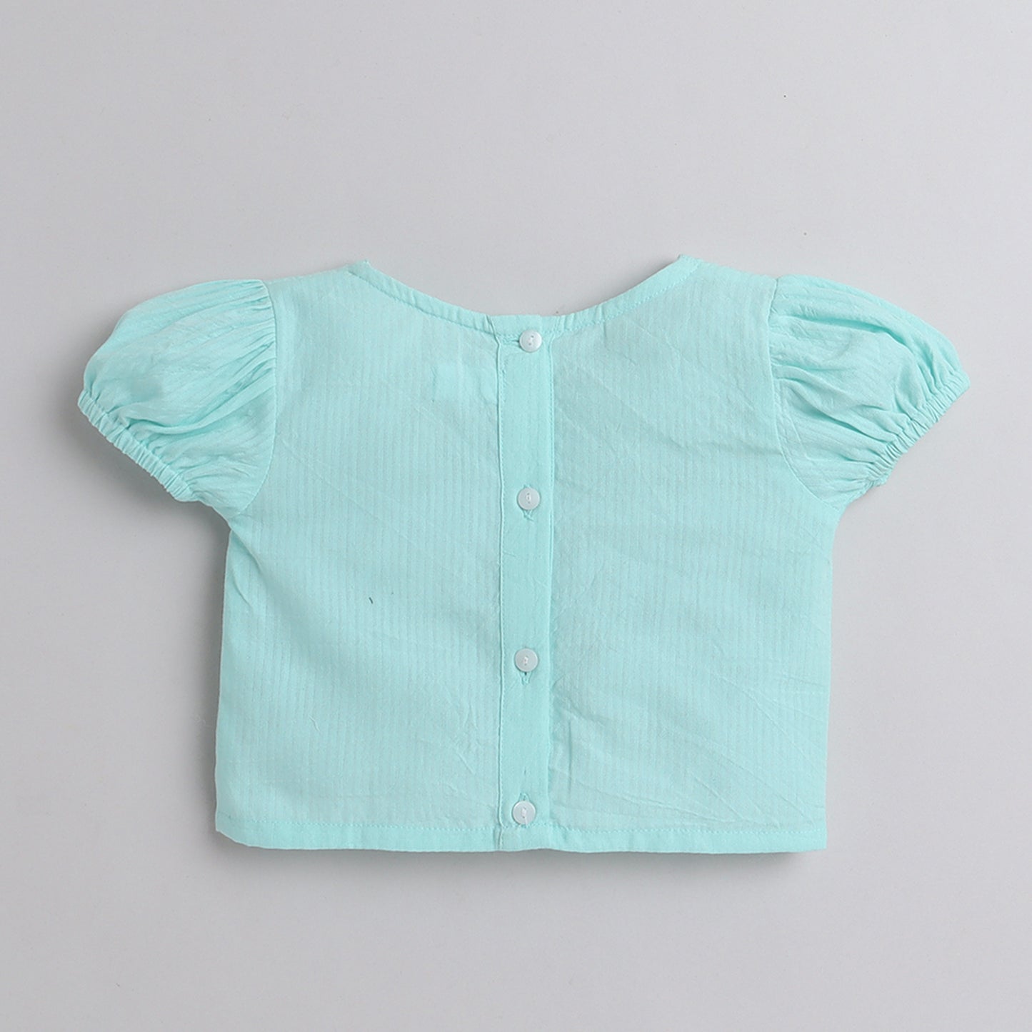 Knitting Doodles Pure Cotton Girls' Sea Green Coord Set With Shorts And Button Detailing- Sea Green