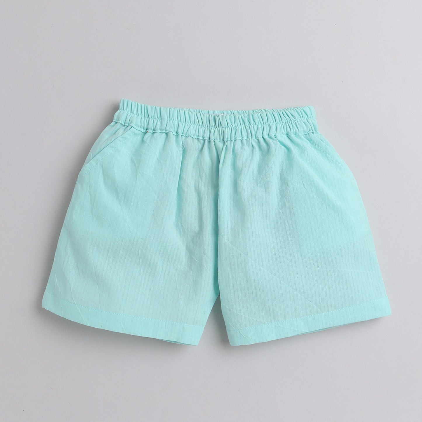 Knitting Doodles Pure Cotton Girls' Sea Green Coord Set With Shorts And Button Detailing- Sea Green