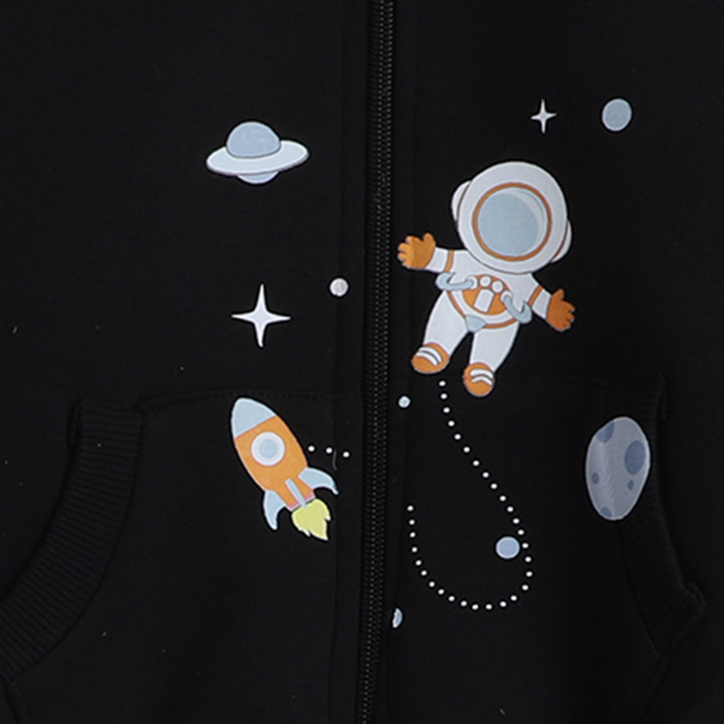 Knitting Doodles Fleece Kid's Black Round Neck Space Print Jacket-Black