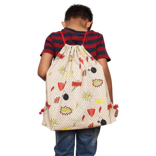 Cute Super Hero Themed Print Drawstring Bag