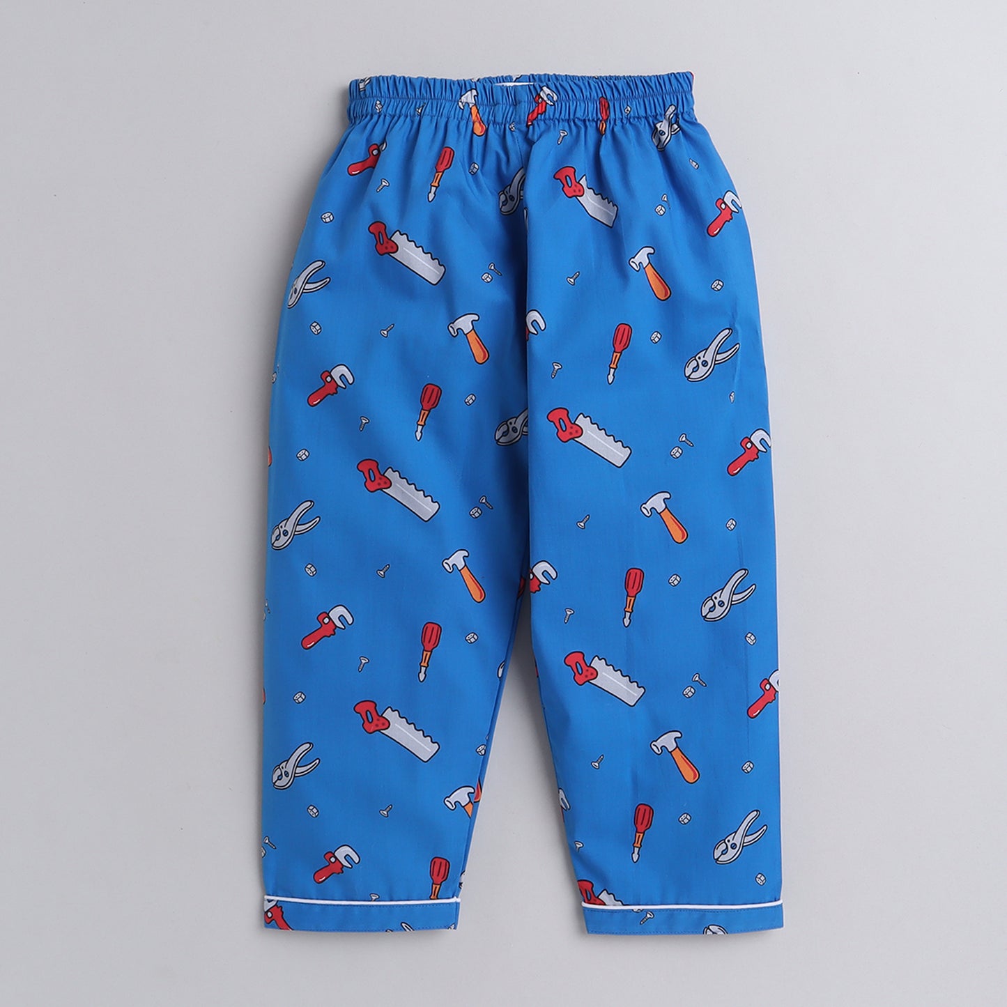 Knitting Doodles Pure Cotton Kid's Blue Tool Box Print Nightsuit- Blue