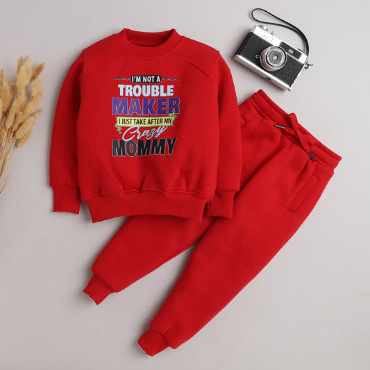 Knitting Doodles Kid's Red Round Neck Troublemaker Print Jogger Set-Red