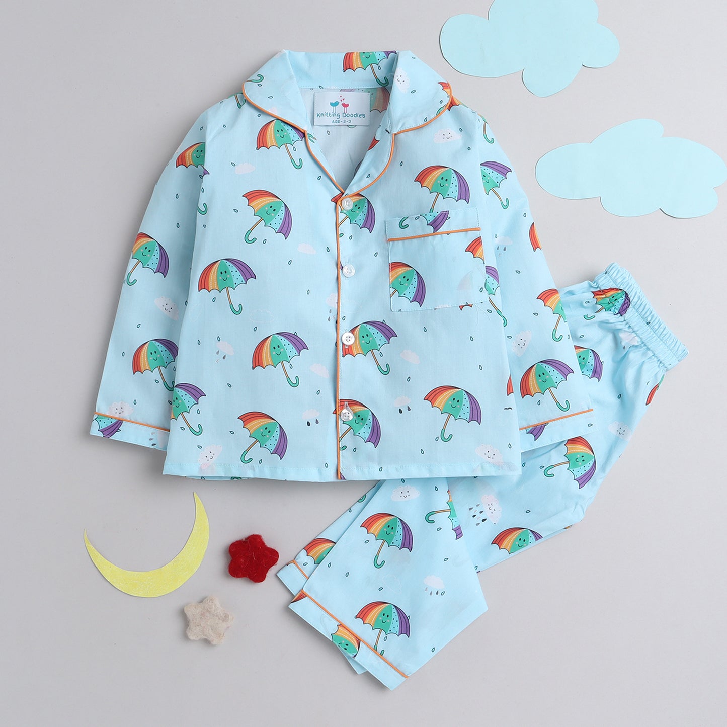 Umbrella Print Night suit- Aqua